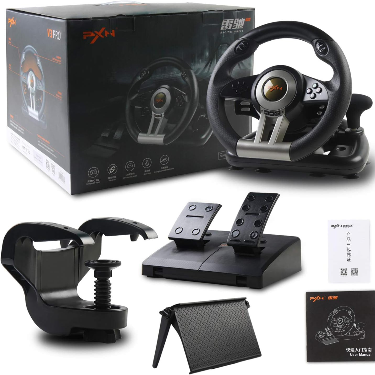 Volante Gamer PXN 🏎️ con Pedales & Palanca | Vibración Dual + Fijación C-Clamp | PC/PS/Xbox/Switch