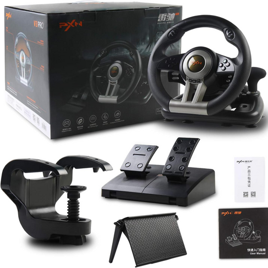 Volante Gamer PXN 🏎️ con Pedales & Palanca | Vibración Dual + Fijación C-Clamp | PC/PS/Xbox/Switch