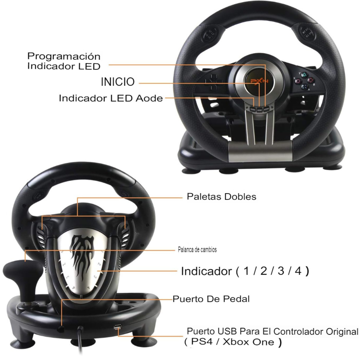 Volante Gamer PXN 🏎️ con Pedales & Palanca | Vibración Dual + Fijación C-Clamp | PC/PS/Xbox/Switch