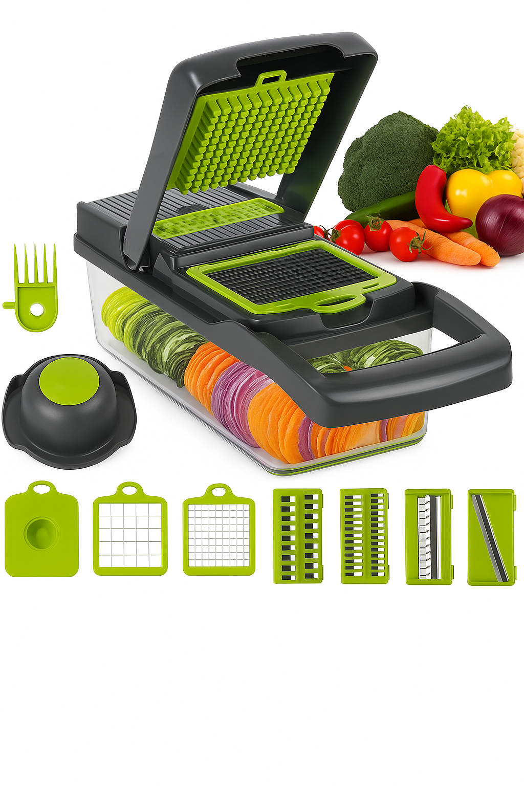 Picador de Verduras 15 en 1 🧅 Multiuso | Rebanar, Rallar & Cubos + Caja