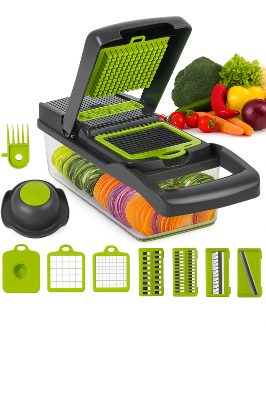 Picador de Verduras 15 en 1 🧅 Multiuso | Rebanar, Rallar & Cubos + Caja