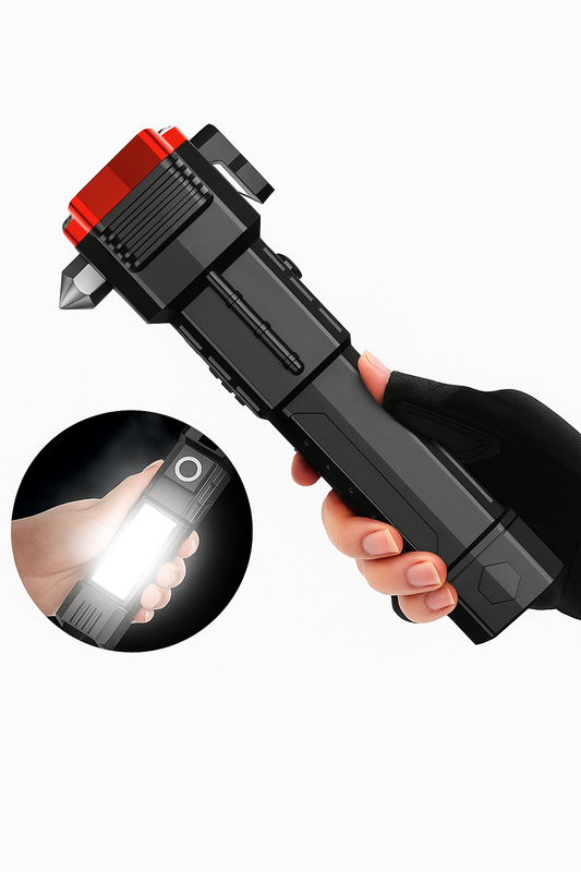 Martillo Linterna LED 4 en 1 🔦🛠️ | Corta-Cinturón + Power Bank + Imán (Color al Azar)